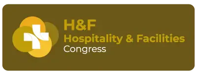 Brown rectangular button with rounded corners containing the H&F logo (a white cross over yellow and golden circles) on the left and the text 'H&F Hospitality & Facilities Congress' in white and gold on the right.