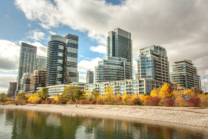 Waterfront condo buildings modern city scape