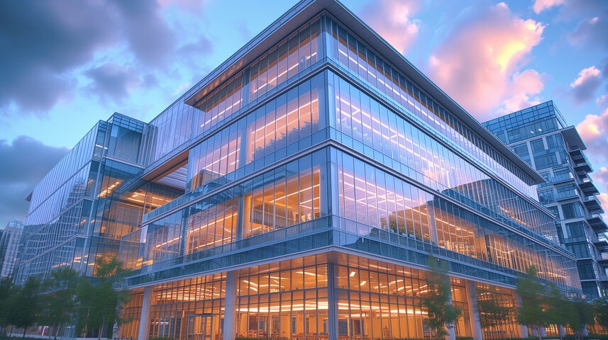Modern commercial real estate building. Glass walls for natural light.