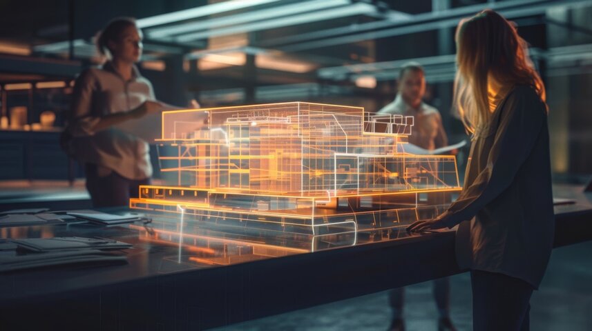 Colleagues collaborate over a glowing interactive 3D projection of a building, highlighting the intersection of technology and architecture