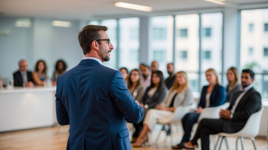 Confident businessman giving a presentation in front of crowd in meeting conference seminar room. Leadership authority teamwork in business concept