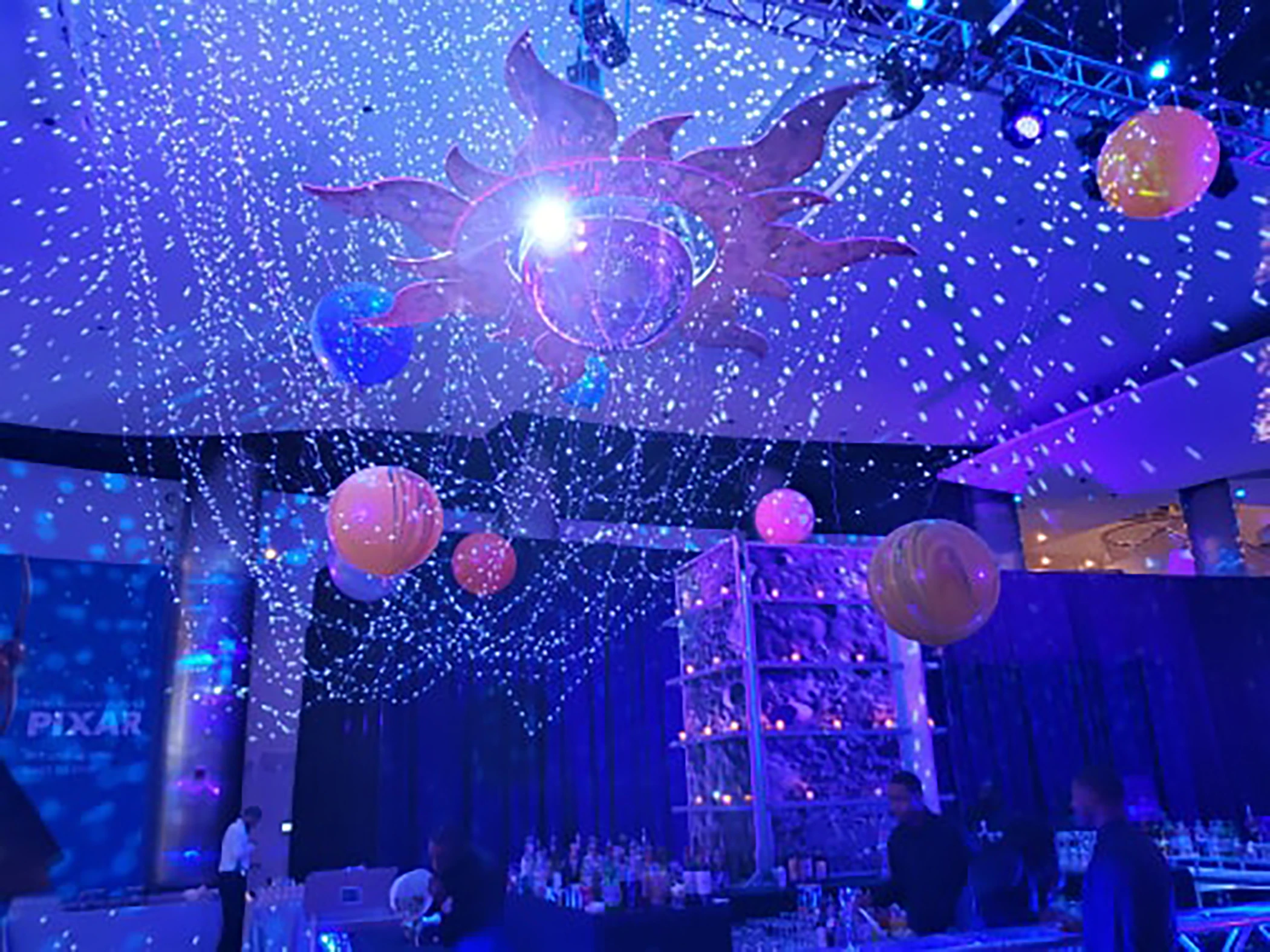 party decorations hanging from ceiling