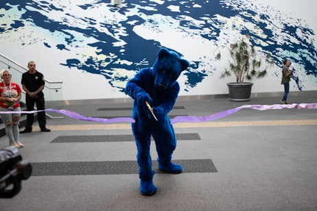 The Colorado Blue Bear cuts the ribbon to invite attendees into FAN EXPO Denver 2023