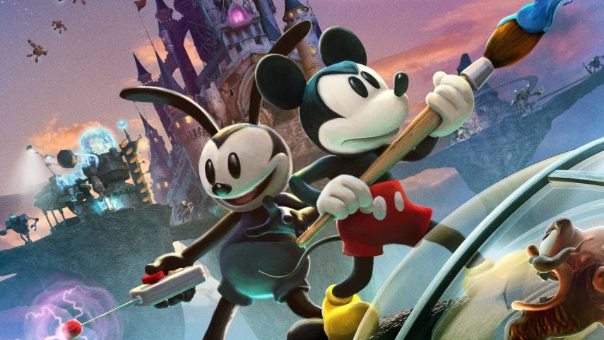 Mickey Mouse and Oswald Rabbit pose with a paintbrush (MM) and controller (OR)