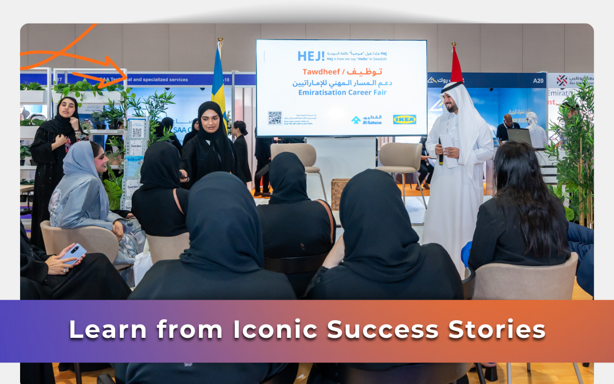 Emirati and global speakers sharing inspiring career journeys at Tawdheef x Zaheb 2025 job fair in Abu Dhabi.