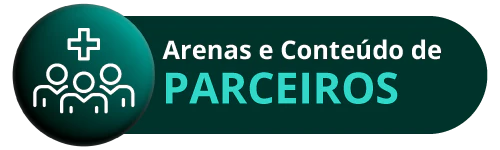 Botão verde horizontal com cantos arredondados contendo um ícone de três pessoas abaixo de uma cruz médica à esquerda e o texto 'Arenas e Conteúdo de PARCEIROS' em branco e verde escuro à direita.