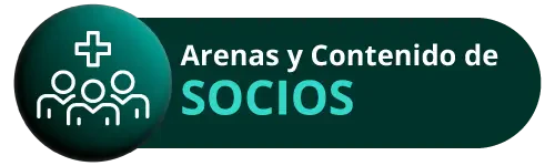 Botón con fondo verde oscuro e ícono de personas bajo una cruz médica que dice "Arenas y Contenido de SOCIOS" para el evento Hospitalar.