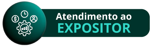 Botão de Atendimento ao Expositor da feira Hospitalar. Ícone com engrenagens, cifrão e relógio em tons de verde.