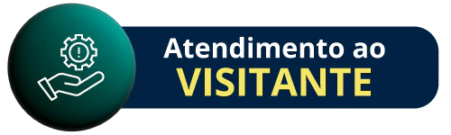 Botão de Atendimento ao Visitante da feira Hospitalar. Ícone com uma mão segurando uma engrenagem e ponto de exclamação em tons de verde, azul e amarelo.