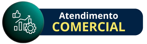 Botão de Atendimento Comercial da feira Hospitalar. Ícone com gráfico de crescimento, engrenagem e sinal de "joinha" em tons de verde, azul e amarelo.