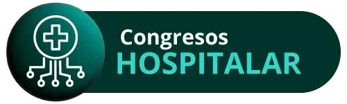Botón digital verde oscuro con ícono de cruz médica conectada a circuitos de tecnología, con el texto "Congresos HOSPITALAR".