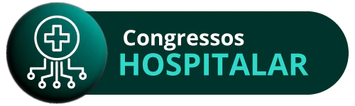 Botão verde horizontal com cantos arredondados contendo o ícone de uma cruz médica conectada a circuitos à esquerda e o texto 'Congressos HOSPITALAR' em branco e verde menta à direita.