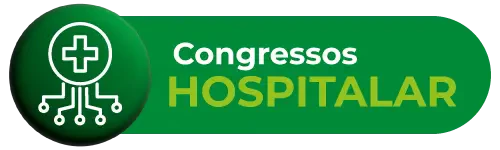 Botão verde horizontal com cantos arredondados contendo o ícone de uma cruz médica conectada a circuitos à esquerda e o texto 'Congressos HOSPITALAR' em branco e verde claro à direita.