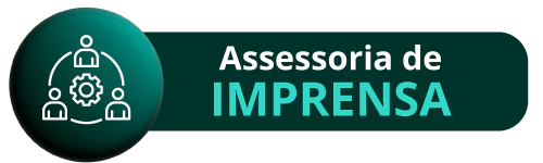 Botão de Assessoria de Imprensa da feira Hospitalar. Ícone com rede de contatos e engrenagem central em tons de verde.
