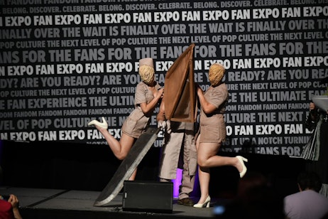 Pyramid Head and two bubblehead nurses take the stage for the Walk on Exhibition at the Masters of Cosplay Grand Prix