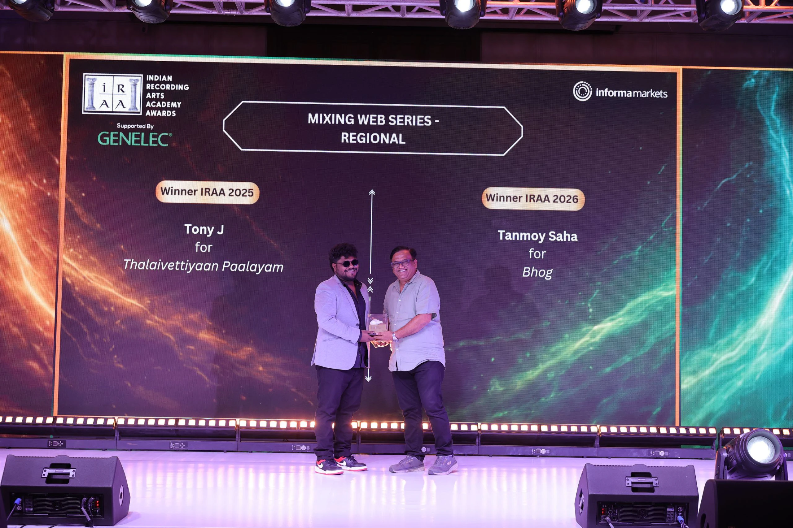 IRAA 2025 – Krishnan Subramanian accepts the award for Mixing Web Series – Regional on behalf of Tony J