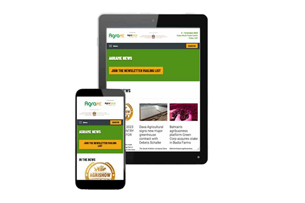 Agra Middle East (AgraME) newsletter branding mockup showing mobile and tablet views — created in collaboration with New Ag International to deliver agricultural insights.
