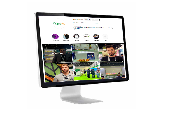 AgraME onsite video interviews displayed on screen — showcasing exhibitor messages to 5,000+ agriculture professionals from the Gulf and 80+ countries.