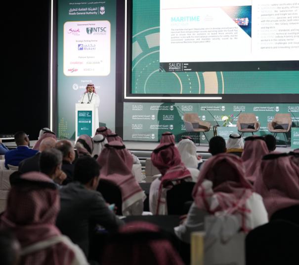 Industry professionals participating in an Exclusive Workshop at Saudi Intermobility Expo 2025, led by a speaker presenting project management and engineering insights.