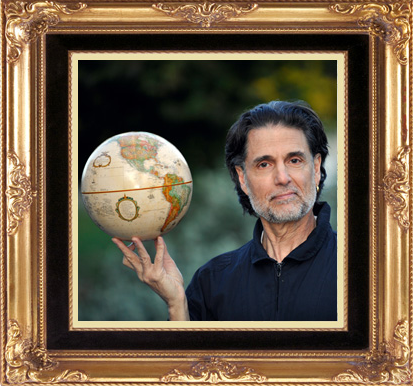 Gold picture frame with Chris Sarandon holding a globe.