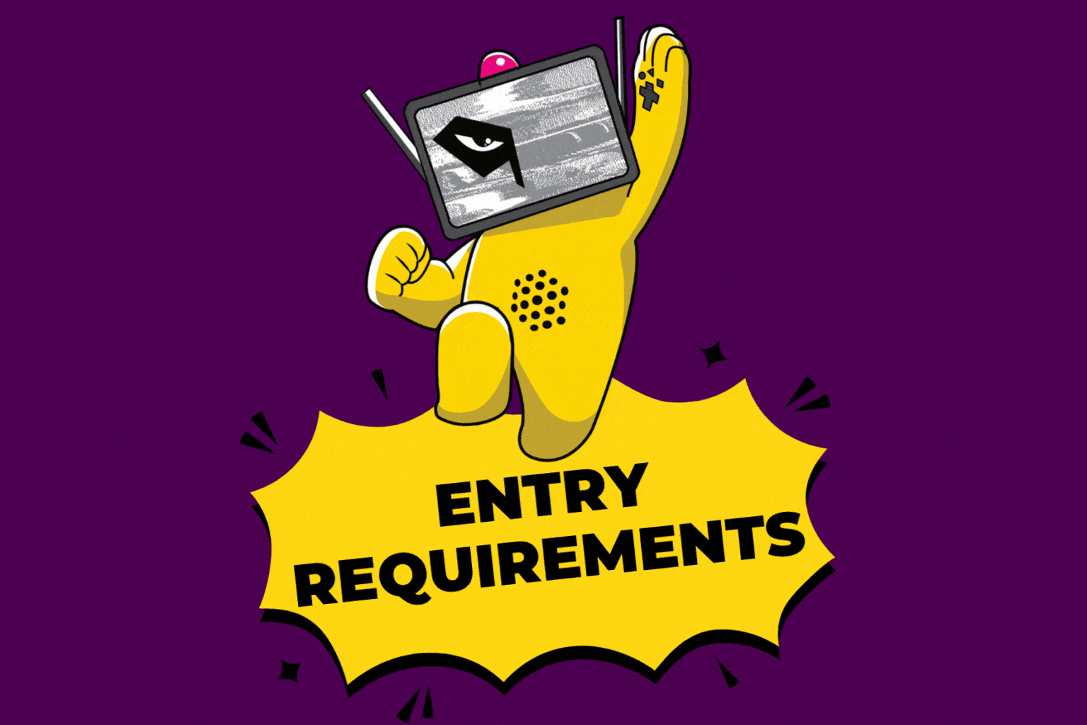 Cartoon-style robot character punching upward above a comic burst with “Entry Requirements” text, representing MEFCC Short Film Competition rules.