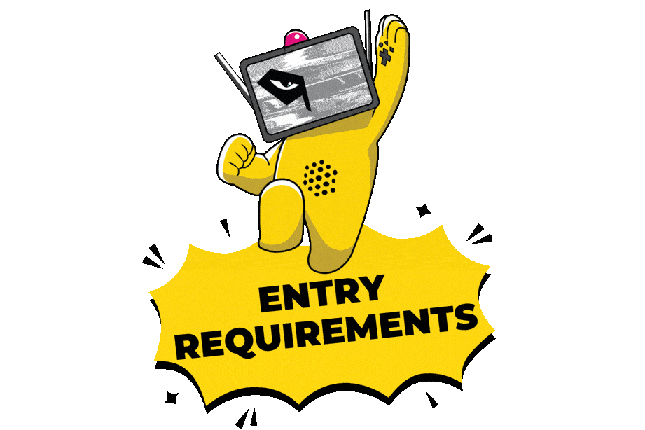 Cartoon-style robot character punching upward above a comic burst with “Entry Requirements” text, representing MEFCC Short Film Competition rules.