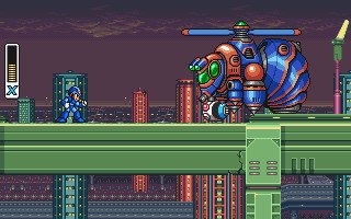 Mega Man faces off against a Bee Blader. It is the beginning of the round, they are on a rail above Mega City