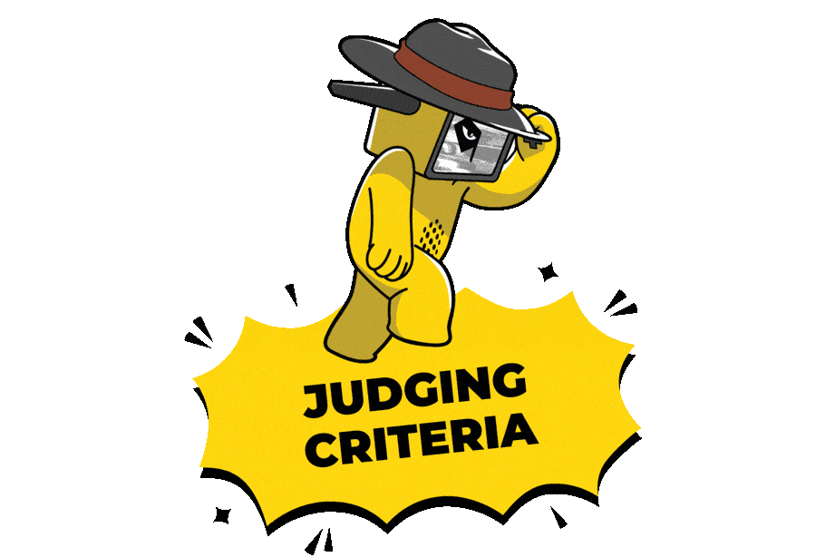 Cartoon-style robot in a detective hat above a comic burst with “Judging Criteria” text, symbolising the judging process at MEFCC Short Film Competition.