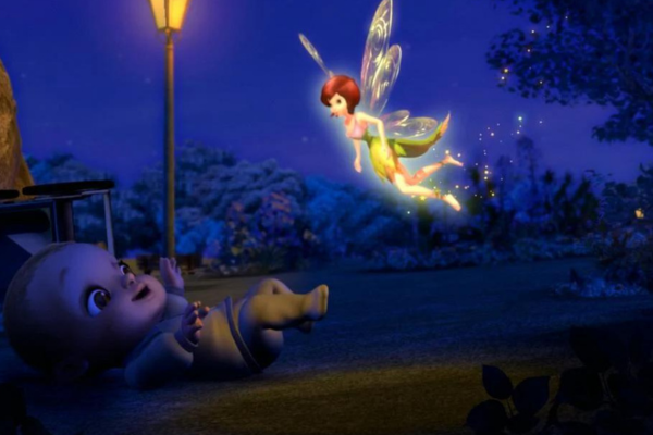 At night in a park, Tinkerbell is flying over to a smiling baby, who is reaching out to her.