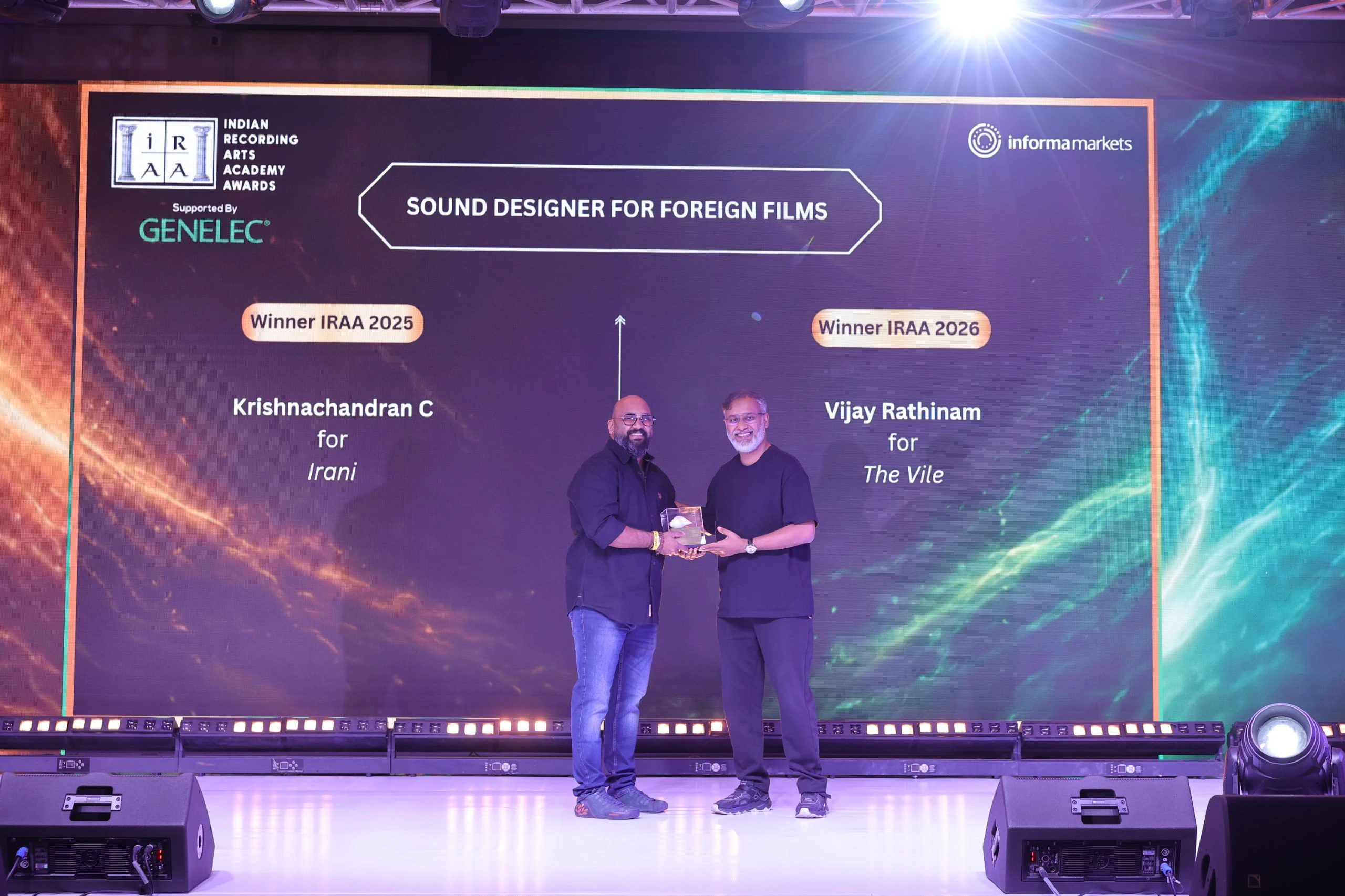 IRAA 2025 - Krishnachandran C got felicitated for backing the award for Sound Designer for Foreign Films