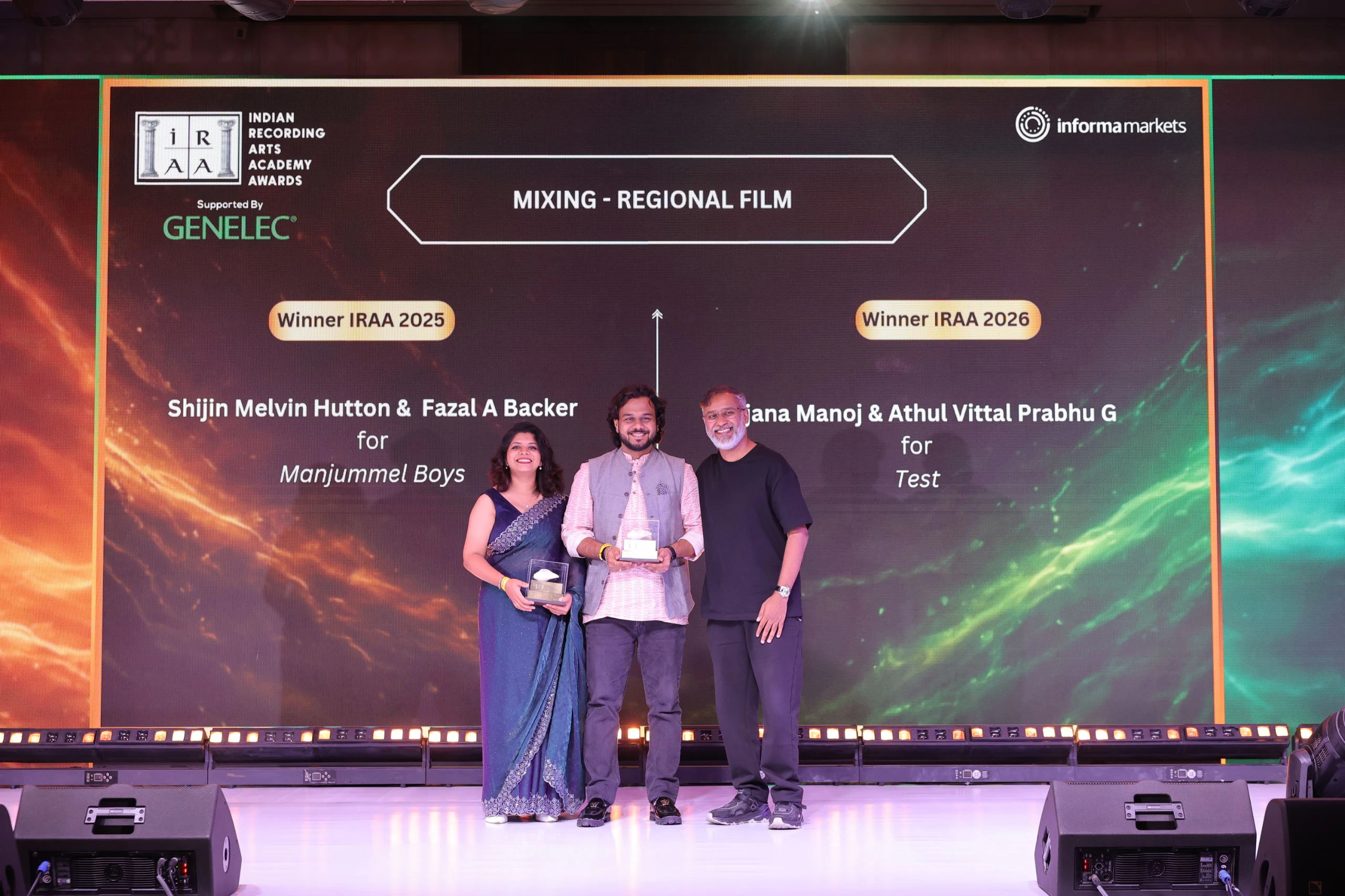 IRAA 2026 - Anjana Manoj and Athul Vittal Prabhu G received the award for Mixing – Regional Film