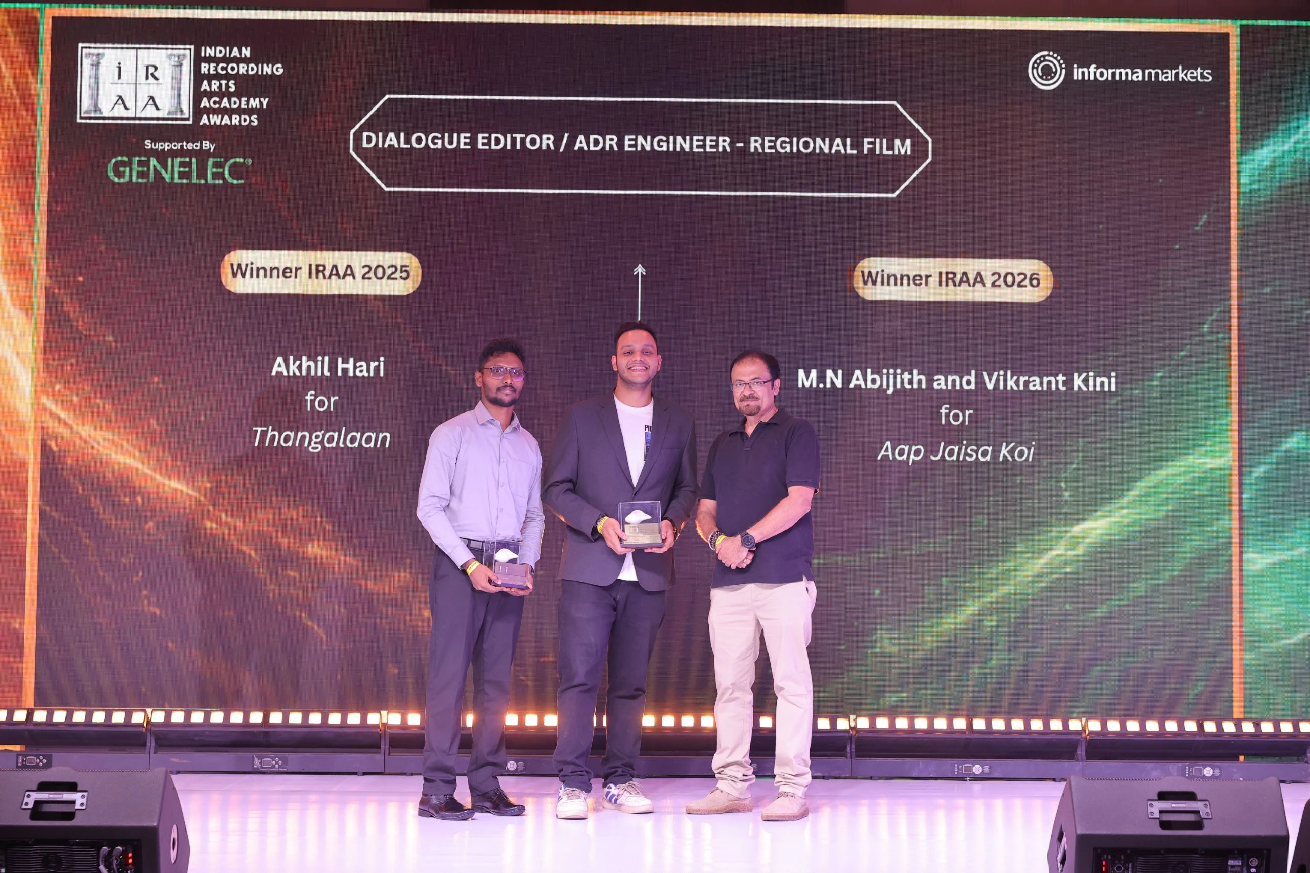 IRAA 2026 - M.N Abijith & Vikrant Kini received the award for Dialogue Editor / ADR Engineer – Regional Film