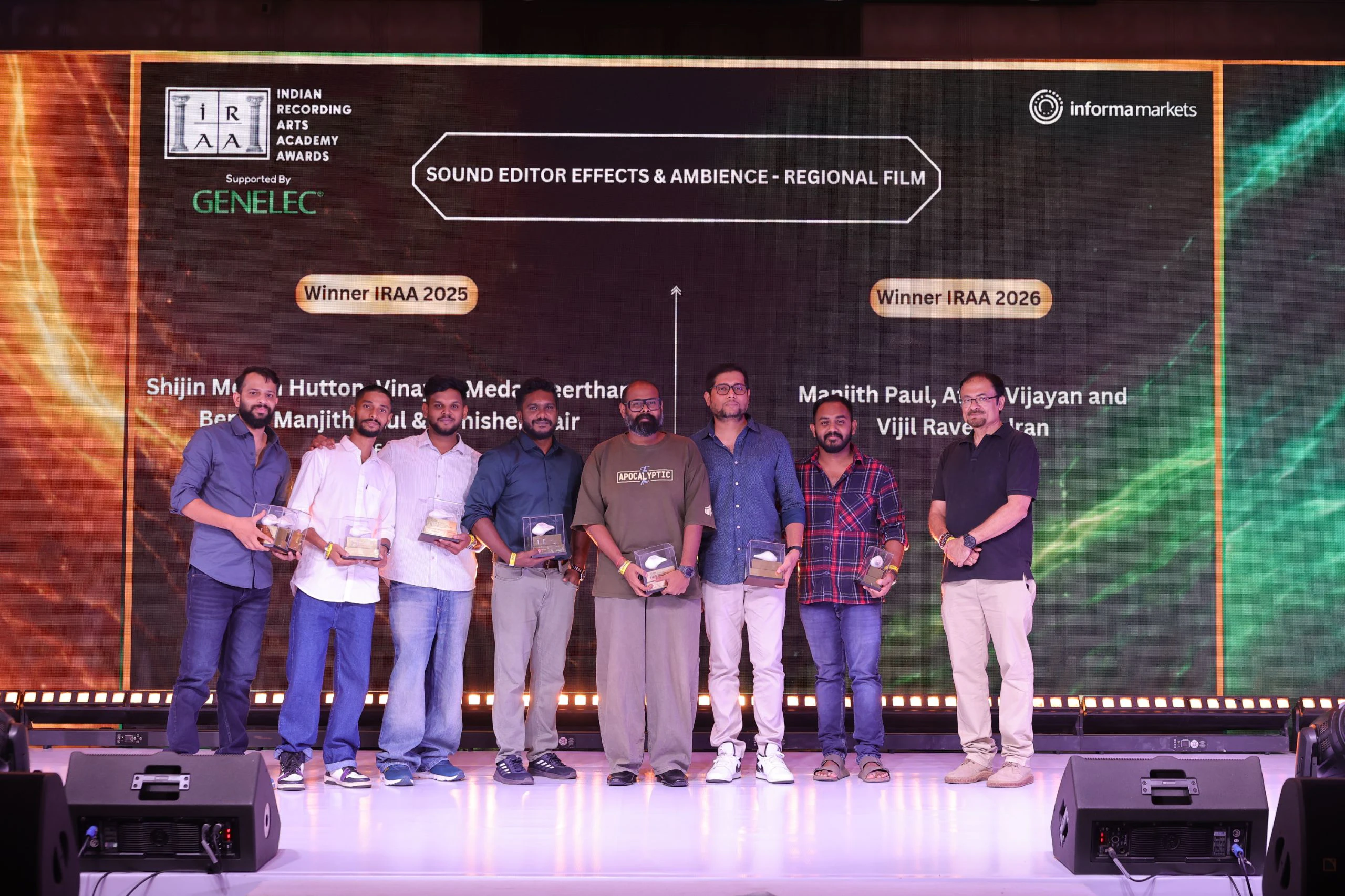 Shijin Melvin Hutton, Vinayak Meda, Keerthan Berny, Manjith Paul, and Abhishek Nair won the award for Sound Editor Effects & Ambience – Regional Film 2025 and Manjith Paul, Athul Vijayan & Vijil Raveendran won the award for Sound Editor Effects & Ambience – Regional Film 2026