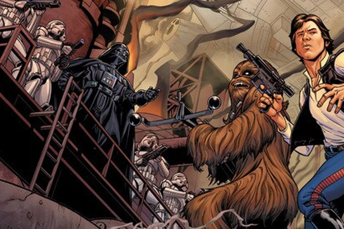 Darth Vader and storm troopers look at Han & Chewie