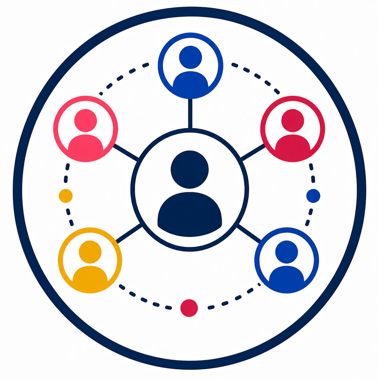 Icon of interconnected nodes linking multiple professional profiles, representing peer-to-peer collaboration, knowledge sharing, and an expansive IT community network.