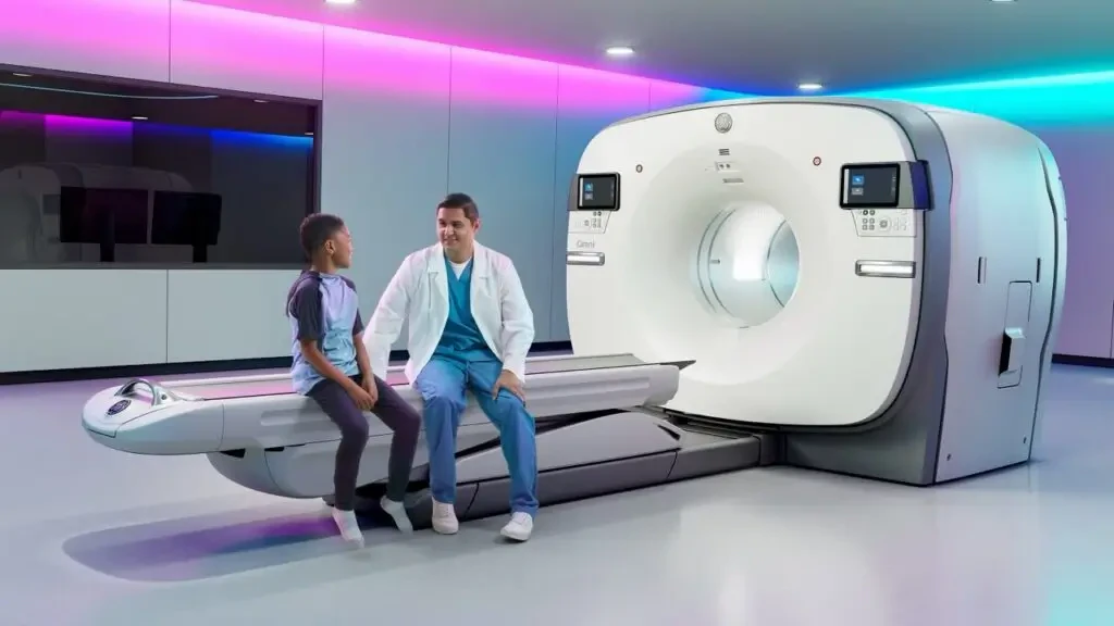 Médico e criança sentados na mesa de exame do equipamento de PET-CT digital de última geração em sala de diagnóstico por imagem.