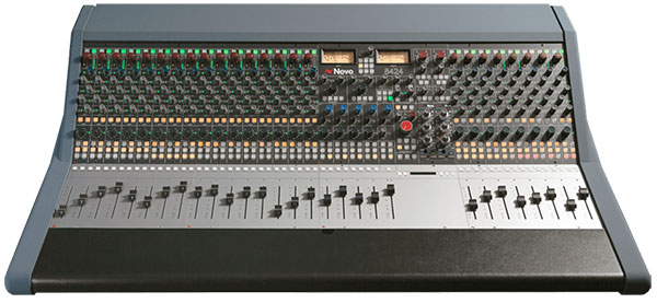 AMS Neve 8424 analogue mixing console with 24 mono channels, faders, EQ, and routing controls designed for hybrid studio workflows.