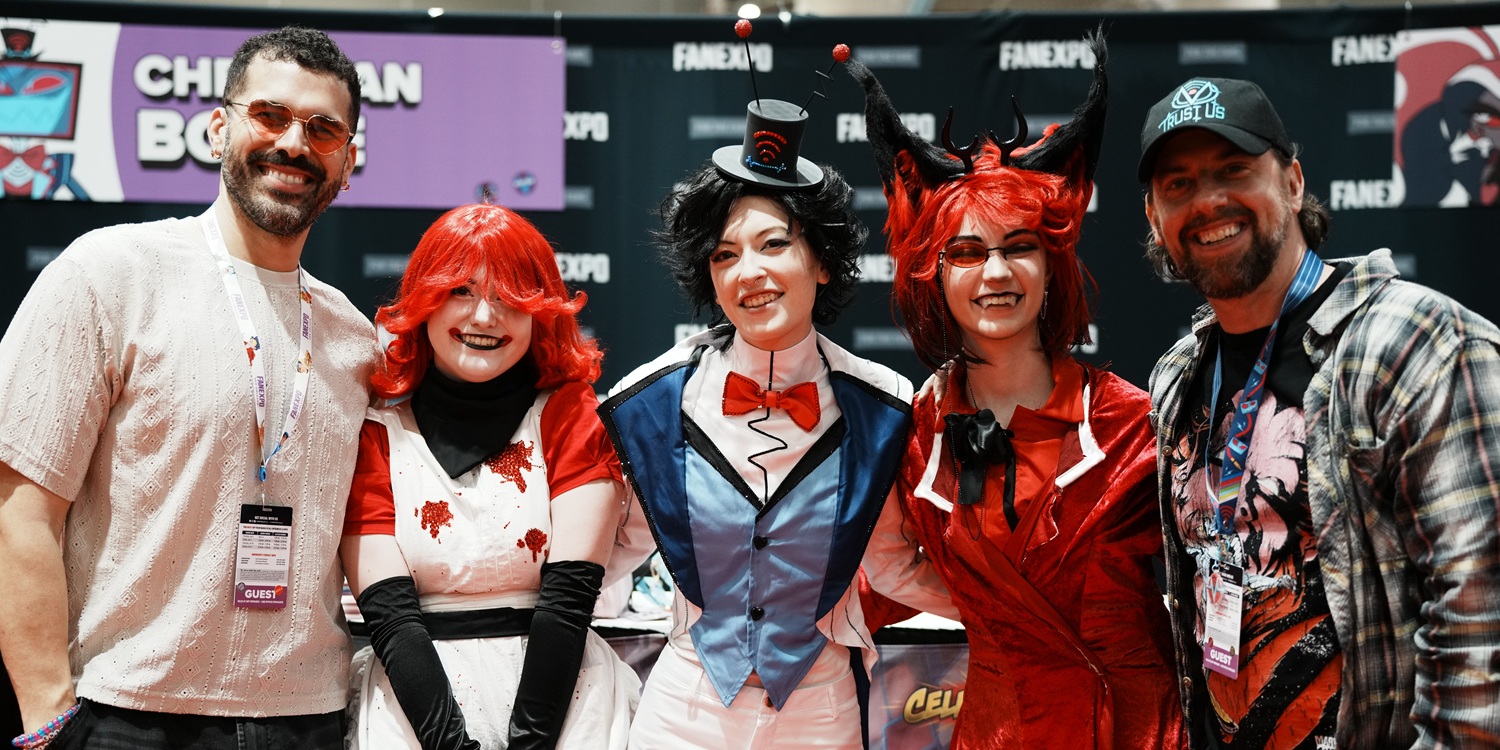 A group of animation voice actors and fans pose together on the show floor at FAN EXPO Cleveland. Bright costumes and expressive poses highlight the playful energy of animated fandoms.