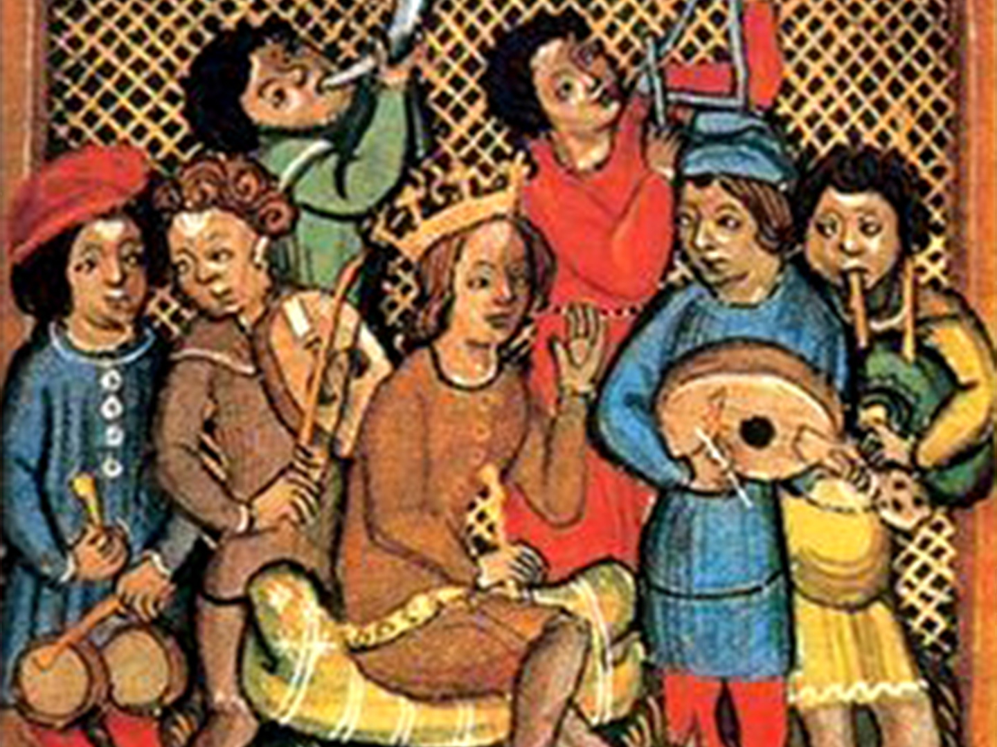 an old painting of children playing instruments from the Medieval Ages