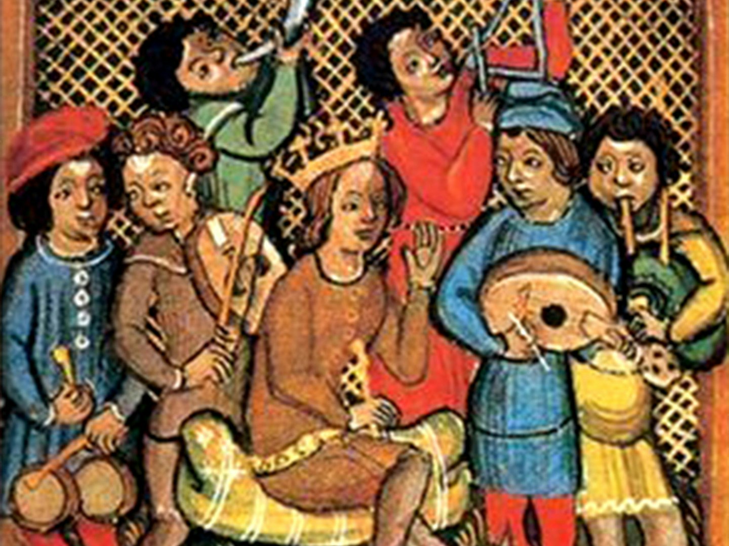 an old painting of children playing instruments from the Medieval Ages