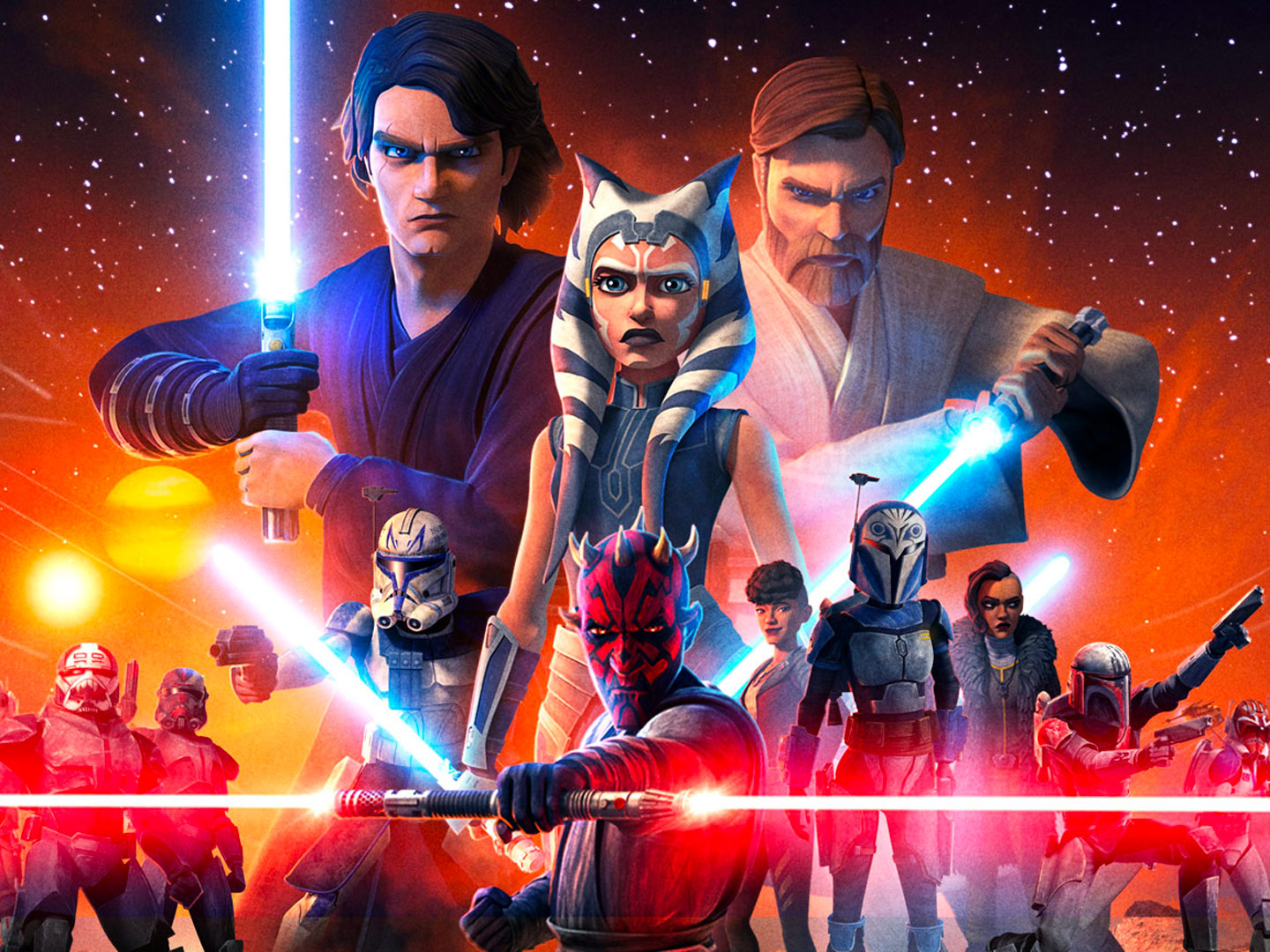 The poster of The Clone Wars featuring Anakin, Obi-Wan, Ahsoka, Darth Maul and many more.