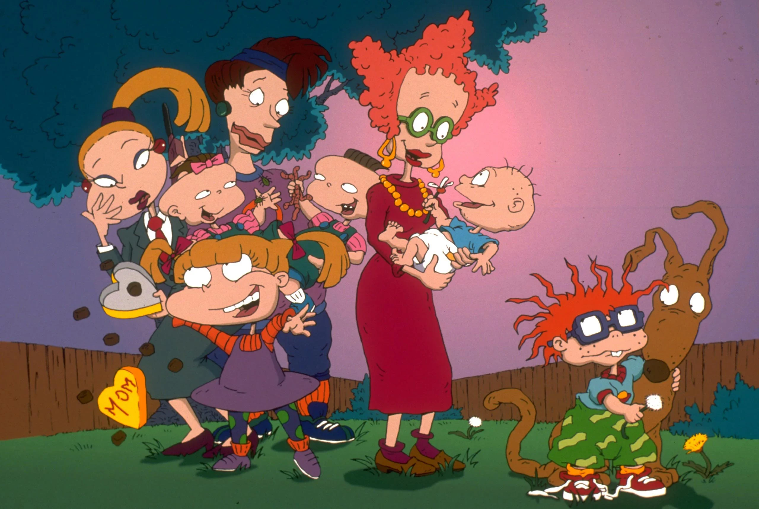 The Rugrats gang being held up by their mothers
