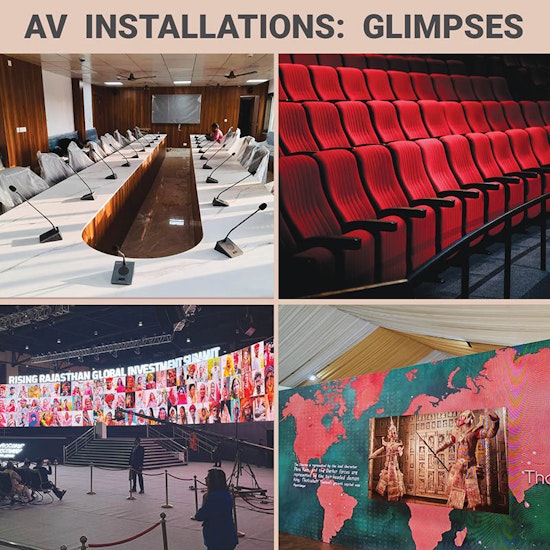 Collage of four photos: a meeting room, an auditorium with red seats, an event with large screens, and a historical mural.