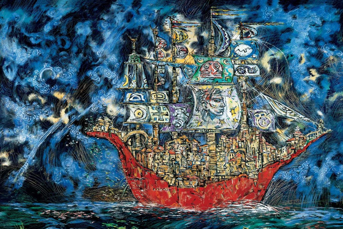 A sail boat with many designs on the sails floats in dark waters