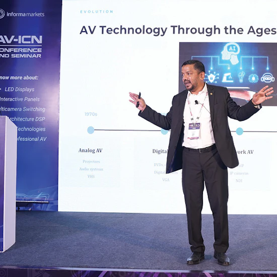 Abdul Waheed from EYTE Technologies sharing how AI is transforming pro AV experiences at AV-ICN Conference and Seminar 2026