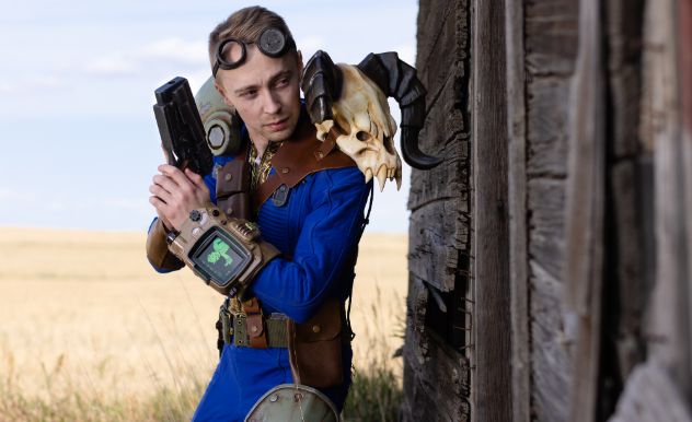 Meciocre Mimicry holding a prop gun peering around a corner