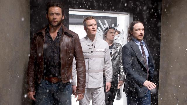 Wolverine, Quicksilver, Professor Xavier, and Erik rush through a doorway - outside it's snowing.
