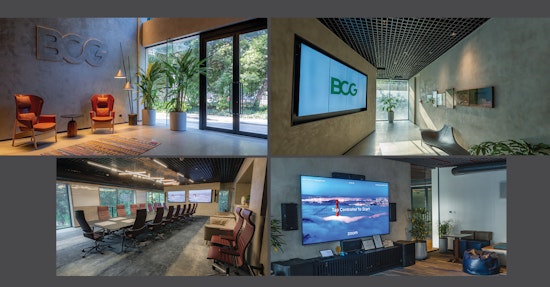 Four-panel view of modern BCG office spaces featuring reception area with orange chairs, corridor with wall-mounted display, executive conference room, and collaborative lounge with large screen and contemporary seating