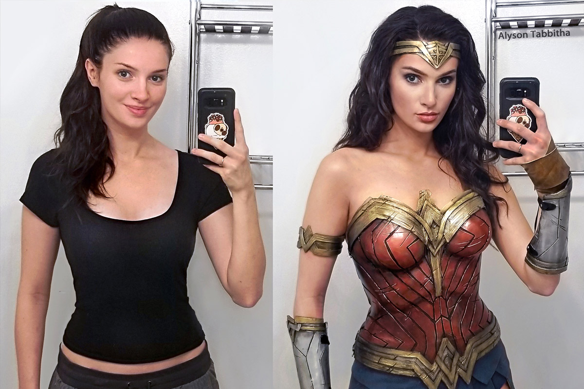 Alyson Tabbitha on the left in her regular clothes, Alyson Tabbitha on the right dressed as Wonder Woman