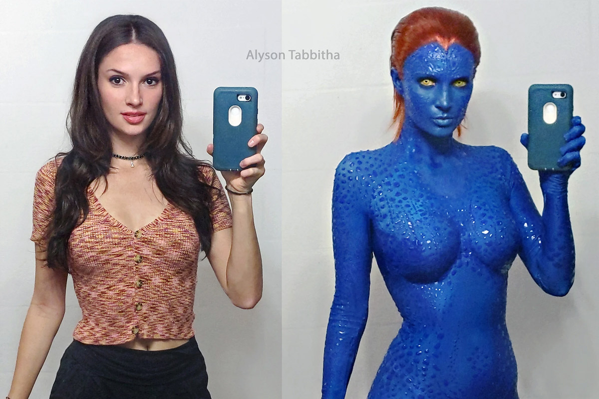 Alyson Tabbitha on the left in her regular clothes, Alyson Tabbitha on the right dressed as Mystique